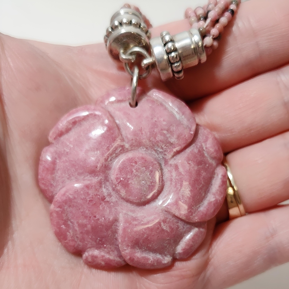 ESPO Multi Strand Rhodonite Sterling Silver Carved Rose Pendant Necklace - Picture 10 of 11